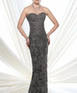 Mon Cheri - Strapless Lace Chiffon Dress 215D04 - 1 Pc Gold In Size 4 Available Formal Gowns