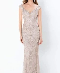 Mon Cheri - V-Neck Lace Sheath Gown 220934 - 1 Pc Stone In Size 6 Available Formal Gowns