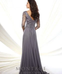 Formal Gowns Montage By Mon Cheri - 116950W Chiffon A-line Dress- 1 Pc Gray/Heather In Size 26W Available