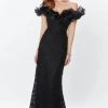 Montage By Mon Cheri - 119931 Floral Ruffled Off-Shoulder Long Gown - 1 Pc Black In Size 14 Available Formal Gowns