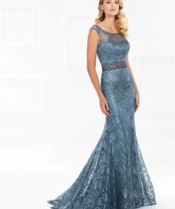 Formal Gowns Montage By Mon Cheri - Cap Sleeves Lace Mermaid Gown 118982 - 1 Pc Wedgewood In Size 12 Available