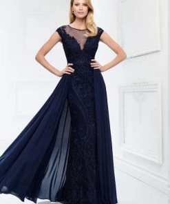 Montage By Mon Cheri - Embroidered Lace Chiffon Overskirt Gown 218914 - 1 Pc Navy In Size 10 Available Formal Gowns