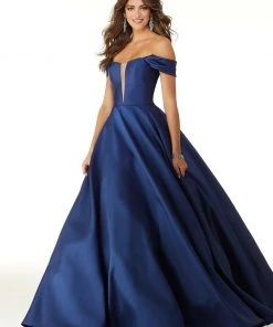 Formal Gowns Mori Lee - 43041 Drape Sleeves Illusion Plunging Neck Satin Ballgown 11 Formal Gowns Mori Lee - 43041 Drape Sleeves Illusion Plunging Neck Satin Ballgown