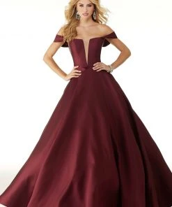 Formal Gowns Mori Lee - 43041 Drape Sleeves Illusion Plunging Neck Satin Ballgown