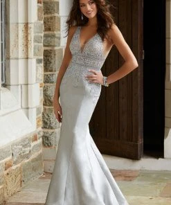 Mori Lee - 45016 Metallic Lace Plunging V-Neck Mermaid Dress Formal Gowns