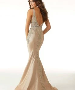 Mori Lee - 45016 Metallic Lace Plunging V-Neck Mermaid Dress Formal Gowns