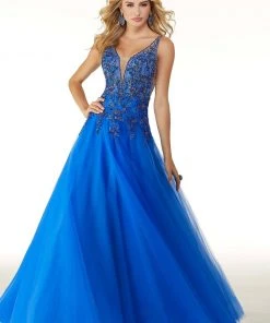 Mori Lee - 45036 Crystal Beaded Deep V-neck Tulle A-line Gown