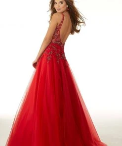 Mori Lee - 45036 Crystal Beaded Deep V-neck Tulle A-line Gown