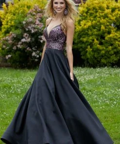 Mori Lee - 45050 Sequined Deep V-neck Glitter Satin A-line Dress Formal Gowns 10 Mori Lee - 45050 Sequined Deep V-neck Glitter Satin A-line Dress Formal Gowns