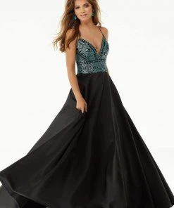 Mori Lee - 45050 Sequined Deep V-neck Glitter Satin A-line Dress Formal Gowns