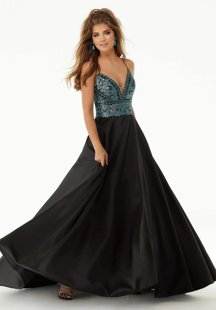 Mori Lee - 45050 Sequined Deep V-neck Glitter Satin A-line Dress Formal Gowns 3 Mori Lee - 45050 Sequined Deep V-neck Glitter Satin A-line Dress Formal Gowns
