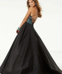 Mori Lee - 45050 Sequined Deep V-neck Glitter Satin A-line Dress Formal Gowns