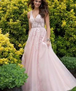 Mori Lee - 45069 Floral Embroidered Deep V-neck A-line Gown Formal Gowns 13 Mori Lee - 45069 Floral Embroidered Deep V-neck A-line Gown Formal Gowns