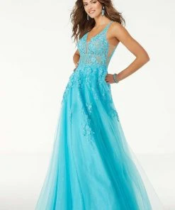 Mori Lee - 45069 Floral Embroidered Deep V-neck A-line Gown Formal Gowns 14 Mori Lee - 45069 Floral Embroidered Deep V-neck A-line Gown Formal Gowns