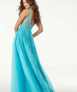 Mori Lee - 45069 Floral Embroidered Deep V-neck A-line Gown Formal Gowns