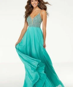 Formal Gowns Mori Lee - 45073 Beaded Deep V-neck Pleated A-line Gown