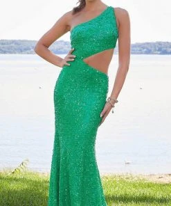 Mori Lee - Asymmetric Cutout Prom Gown 47029SC - 1 Pc Bright Green In Size 0 Available Formal Gowns