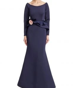 Nero By Jatin Varma - 480160 Long Sleeve Rosette Accent Peplum Gown