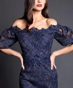 Nicole Bakti - Off-Shoulder Lace Applique Cocktail Dress 661 - 1 Pc Navy In Size 4 Available