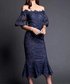 Nicole Bakti - Off-Shoulder Lace Applique Cocktail Dress 661 - 1 Pc Navy In Size 4 Available