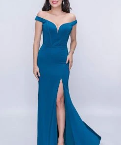 Formal Gowns Nina Canacci - 1416 Plunging Off Shoulder High Slit Gown