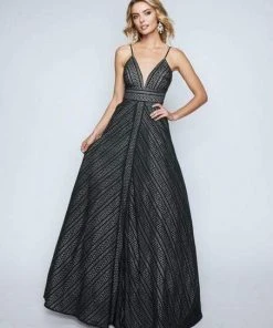 Nina Canacci - 1438 Striped Lace Plunging A-Line Gown Formal Gowns