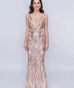 Nina Canacci - 1468 Plunging V Neck Sequined Evening Dress