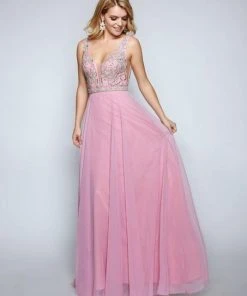 Nina Canacci - 2213 Rhinestone Accented Deep V-neck A-line Dress Formal Gowns