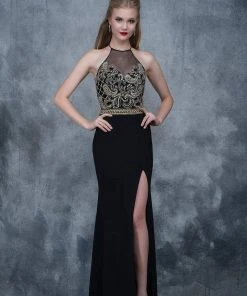 Nina Canacci - 3131 Bedazzled Illusion Halter Sheath Dress Formal Gowns