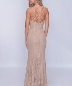 Nina Canacci - 4186 Lace Applique Plunging V-neck Trumpet Dress