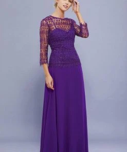 Formal Gowns Nox Anabel - 5083 Quarter Sleeves Lace Overlay Top Long Formal Dress