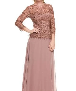 Formal Gowns Nox Anabel - 5083 Quarter Sleeves Lace Overlay Top Long Formal Dress