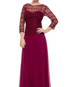 Formal Gowns Nox Anabel - 5083 Quarter Sleeves Lace Overlay Top Long Formal Dress