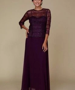 Formal Gowns Nox Anabel - 5083 Quarter Sleeves Lace Overlay Top Long Formal Dress