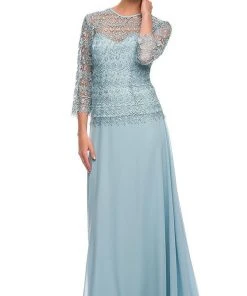 Formal Gowns Nox Anabel - 5083 Quarter Sleeves Lace Overlay Top Long Formal Dress