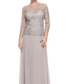 Formal Gowns Nox Anabel - 5083 Quarter Sleeves Lace Overlay Top Long Formal Dress