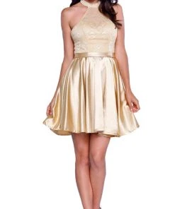 Nox Anabel - 6217 Illusion Laced Halter Short Prom Dress