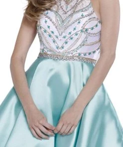 Nox Anabel - 6247 Beaded High Halter Illusion Satin Short Cocktail Dress Cocktail Dresses