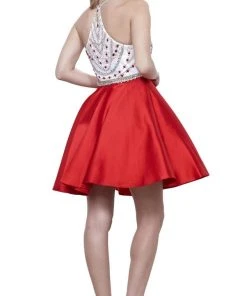 Nox Anabel - 6247 Beaded High Halter Illusion Satin Short Cocktail Dress Cocktail Dresses