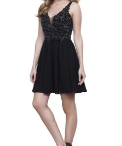 Nox Anabel - 6291 Beaded V-neck Scoop Back A-line Cocktail Dress Cocktail Dresses