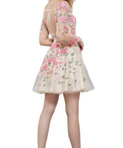 Nox Anabel - 6311 Long Sleeves Floral Embellished Cocktail Dress Cocktail Dresses 8 Nox Anabel - 6311 Long Sleeves Floral Embellished Cocktail Dress Cocktail Dresses