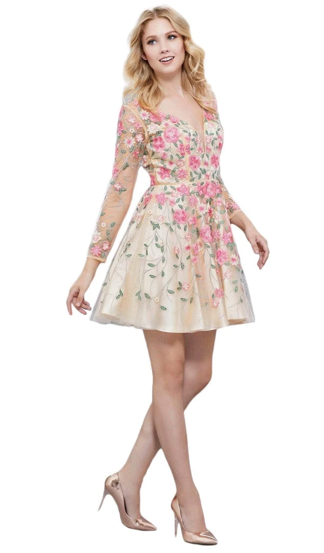 Nox Anabel - 6311 Long Sleeves Floral Embellished Cocktail Dress Cocktail Dresses 3 Nox Anabel - 6311 Long Sleeves Floral Embellished Cocktail Dress Cocktail Dresses