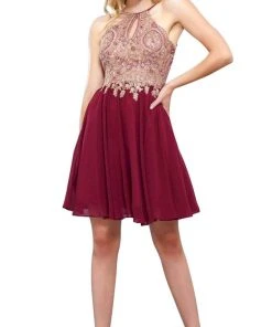 Cocktail Dresses Nox Anabel - 6324 Ornate Lace Cutout Bodice Halter Dress