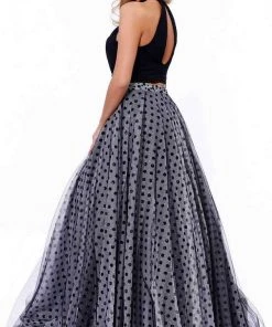 Nox Anabel - 8204 Two-Piece Halter Polka Dot Printed Evening Gown