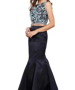 Formal Gowns Nox Anabel - 8287 Two-Piece Crop Top Floral Lace Long Dress