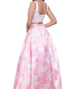 Nox Anabel - 8312 Two-Piece Wide V-Neckline Floral A-line Evening Gown