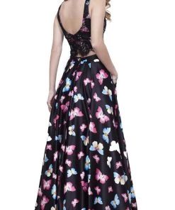 Formal Gowns Nox Anabel - 8336 Two-Piece Bateau Butterfly Printed Evening Gown