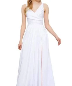 Nox Anabel - 8347 V-Neck Satin Long Evening Gown Formal Gowns