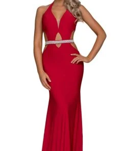 Nox Anabel - A046 Plunging Halter Embellished Sheath Dress