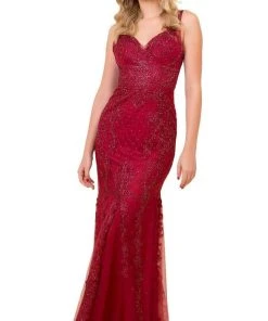 Nox Anabel - A398 Sleeveless V Neck Beaded Lace Applique Trumpet Gown
